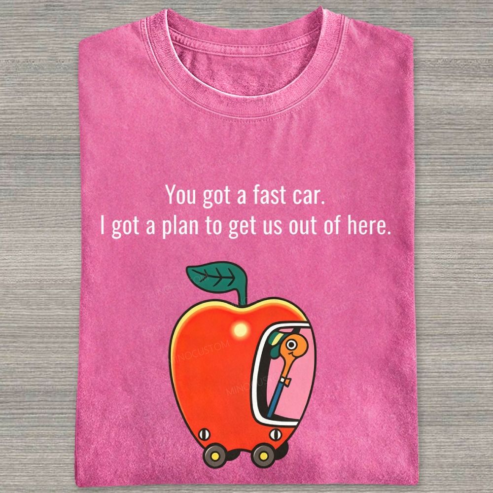 Cartoon Apple Car Whimsical Retro Graphic Washed T-shirt