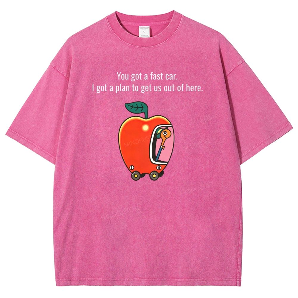 Cartoon Apple Car Whimsical Retro Graphic Washed T-shirt