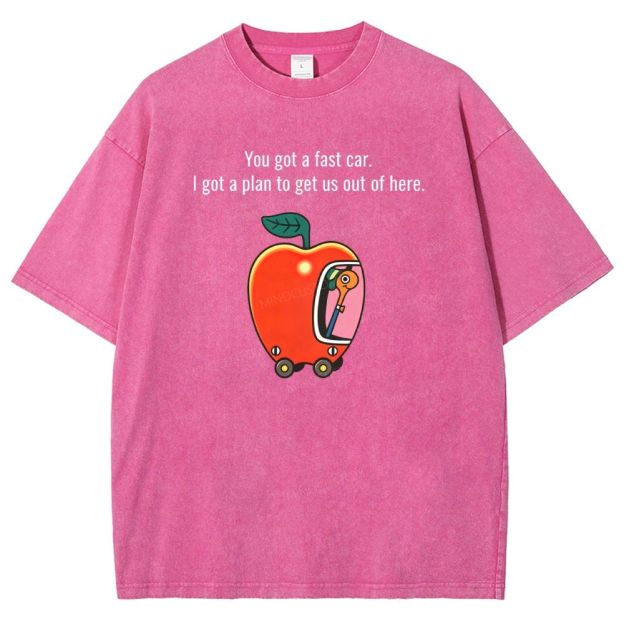 Cartoon Apple Car Whimsical Retro Graphic Washed T-shirt