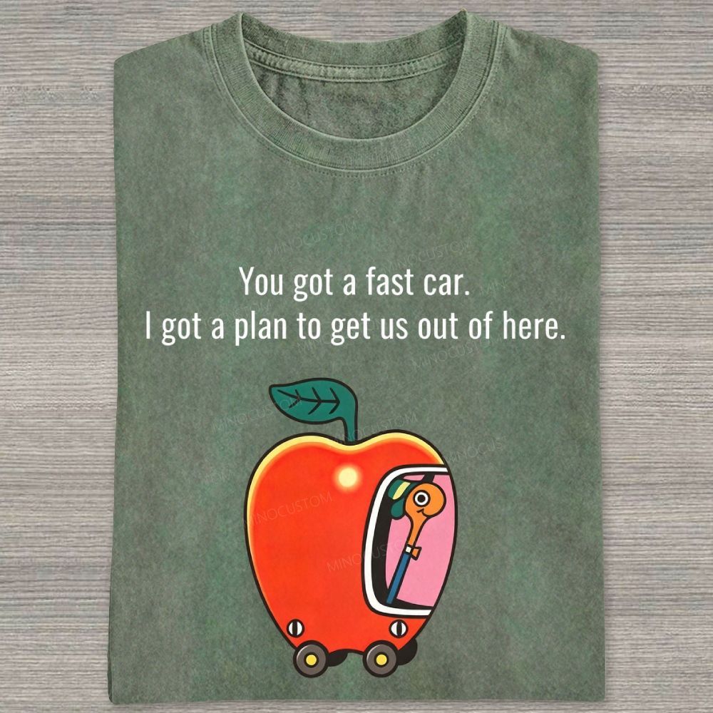Cartoon Apple Car Whimsical Retro Graphic Washed T-shirt
