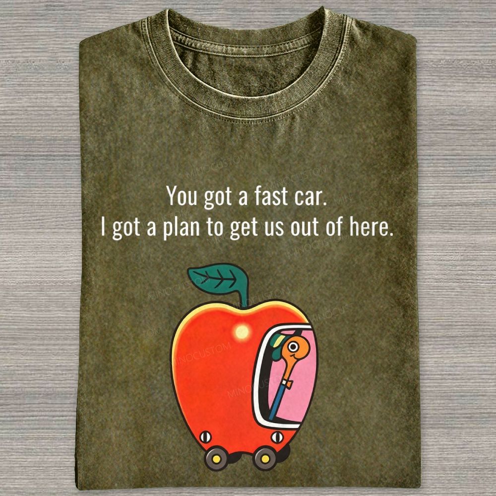 Cartoon Apple Car Whimsical Retro Graphic Washed T-shirt