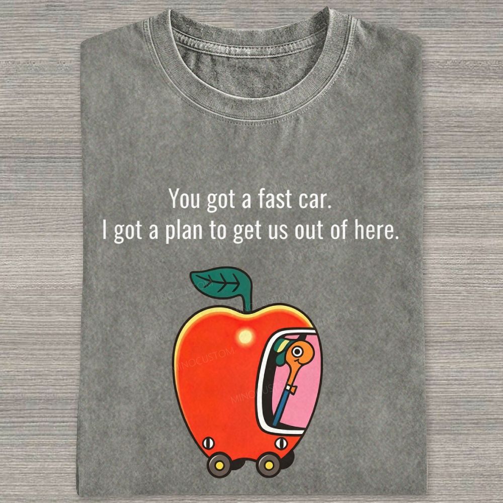 Cartoon Apple Car Whimsical Retro Graphic Washed T-shirt