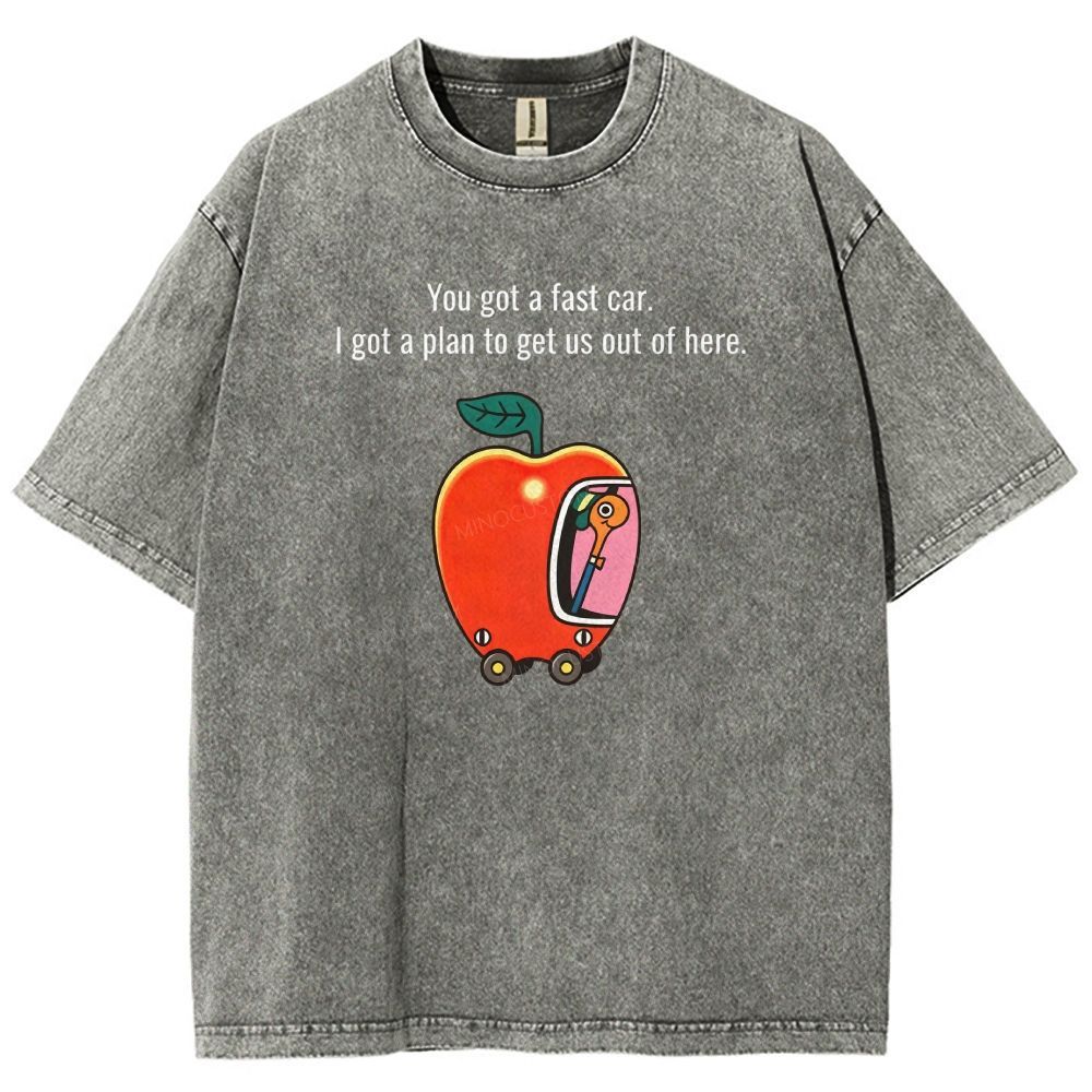 Cartoon Apple Car Whimsical Retro Graphic Washed T-shirt