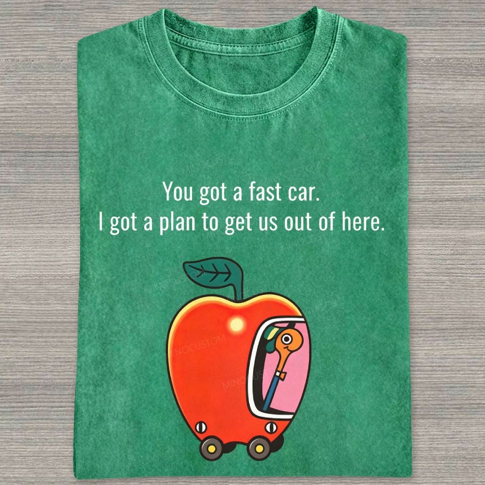 Cartoon Apple Car Whimsical Retro Graphic Washed T-shirt