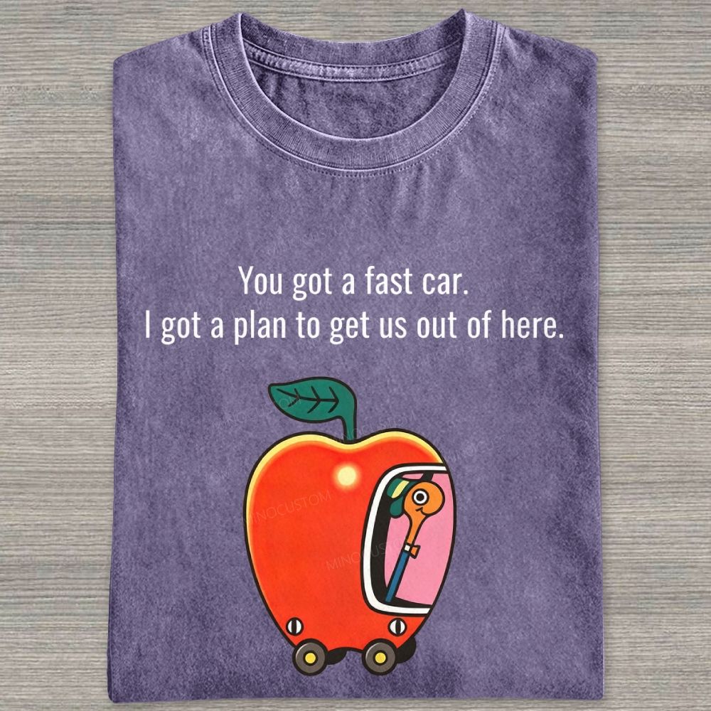 Cartoon Apple Car Whimsical Retro Graphic Washed T-shirt