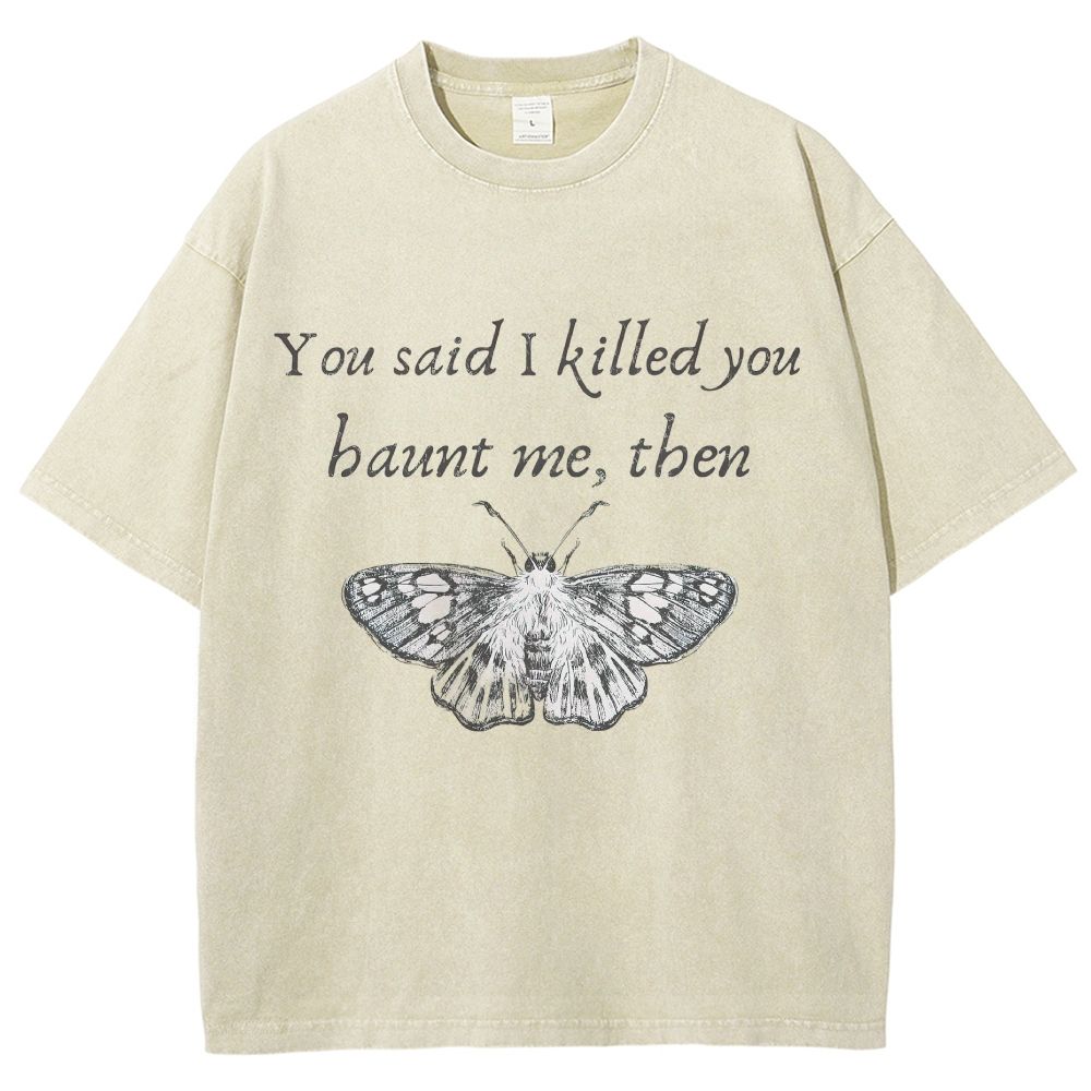 Vintage Moth Sketch Poetic Quote Dark Washed T-Shirt