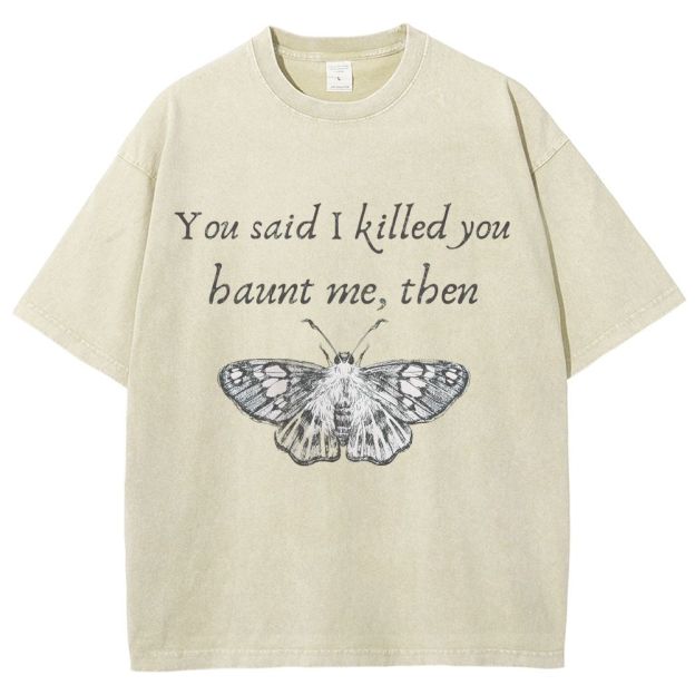 Vintage Moth Sketch Poetic Quote Dark Washed T-Shirt