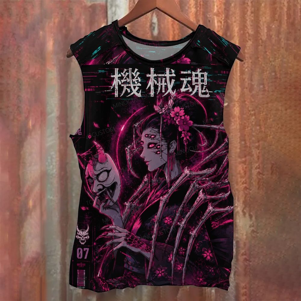 Geisha Skeletal Limbs Hannya Mask Neon Cyber Printed Tank Top