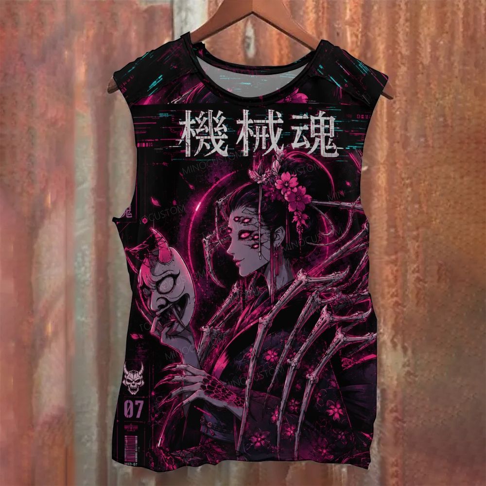 Geisha Skeletal Limbs Hannya Mask Neon Cyber Printed Tank Top