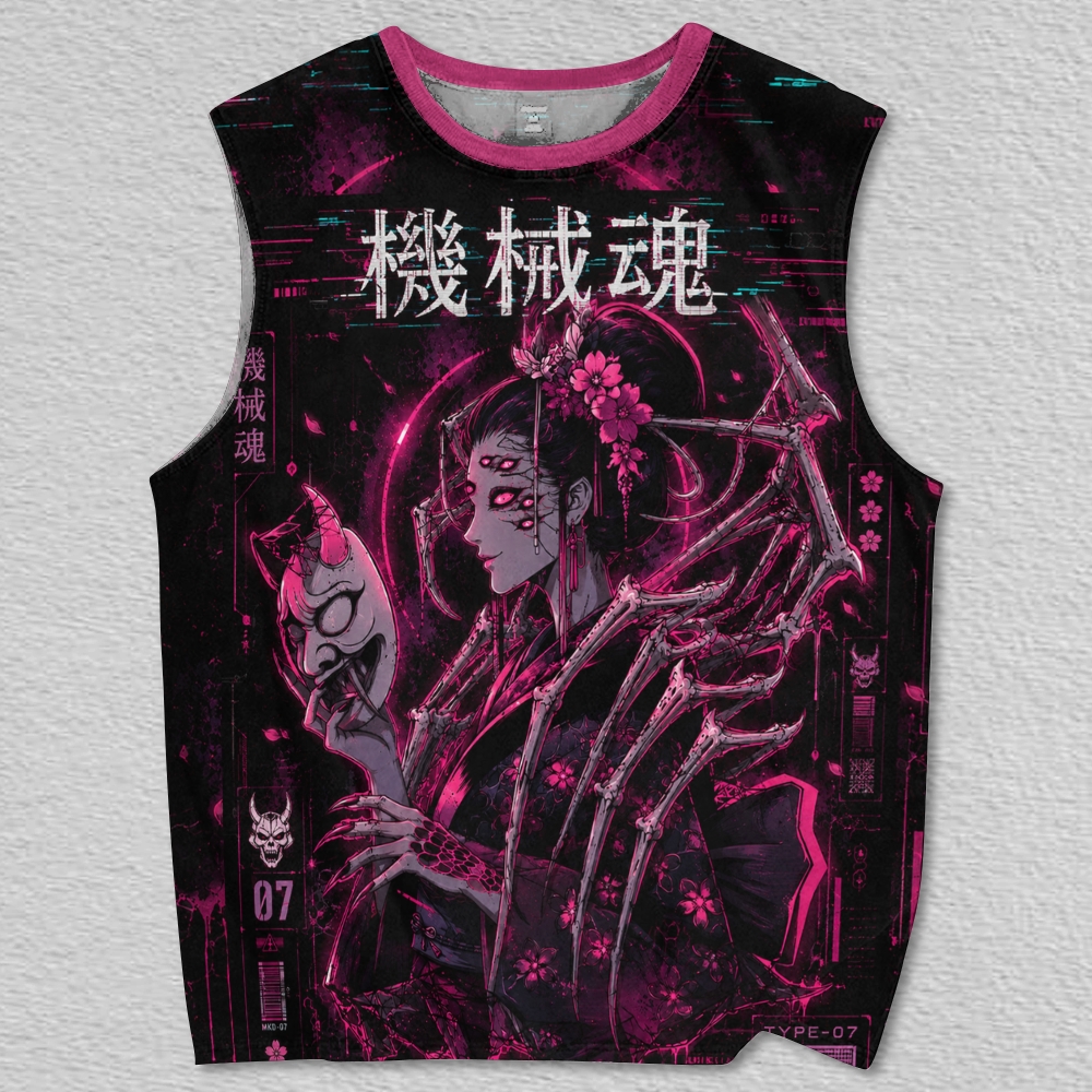 Cyber Geisha Demon Mask Skeletal Appendage Glitch Unisex Printed Tank Top