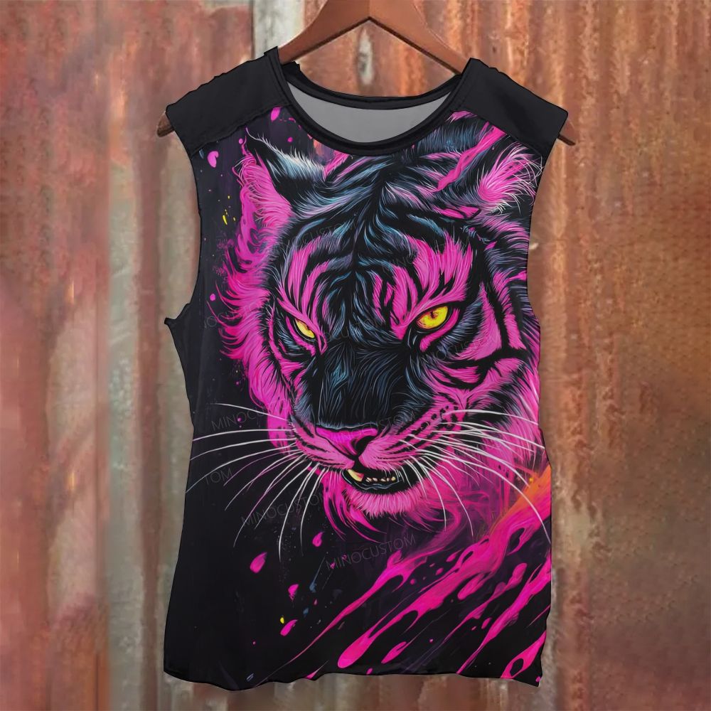 Neon Pink Black Tiger Graphic Printed Tank Top