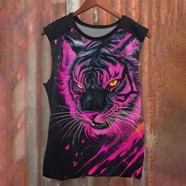 Neon Pink Black Tiger Graphic Printed Tank Top