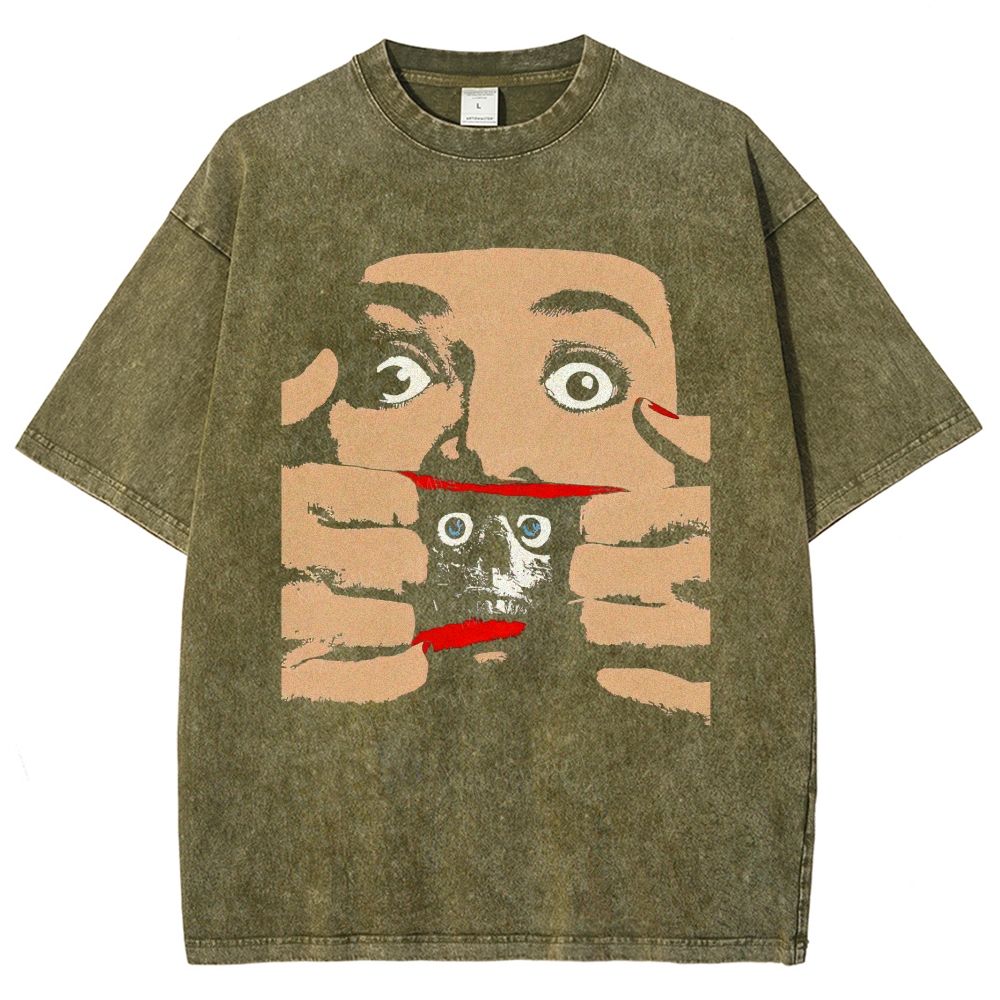 Retro Pop Art Horror Rip‑Skin Skull Washed T-Shirt
