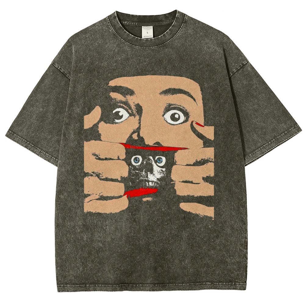 Retro Pop Art Horror Rip‑Skin Skull Washed T-Shirt