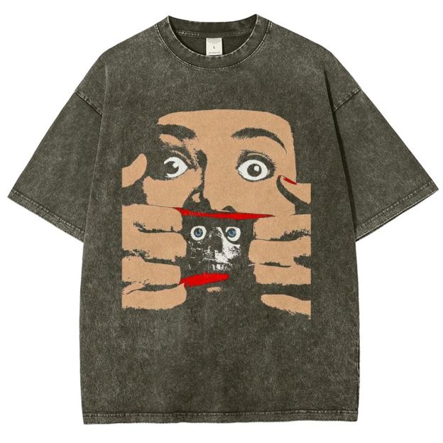 Retro Pop Art Horror Rip‑Skin Skull Washed T-Shirt