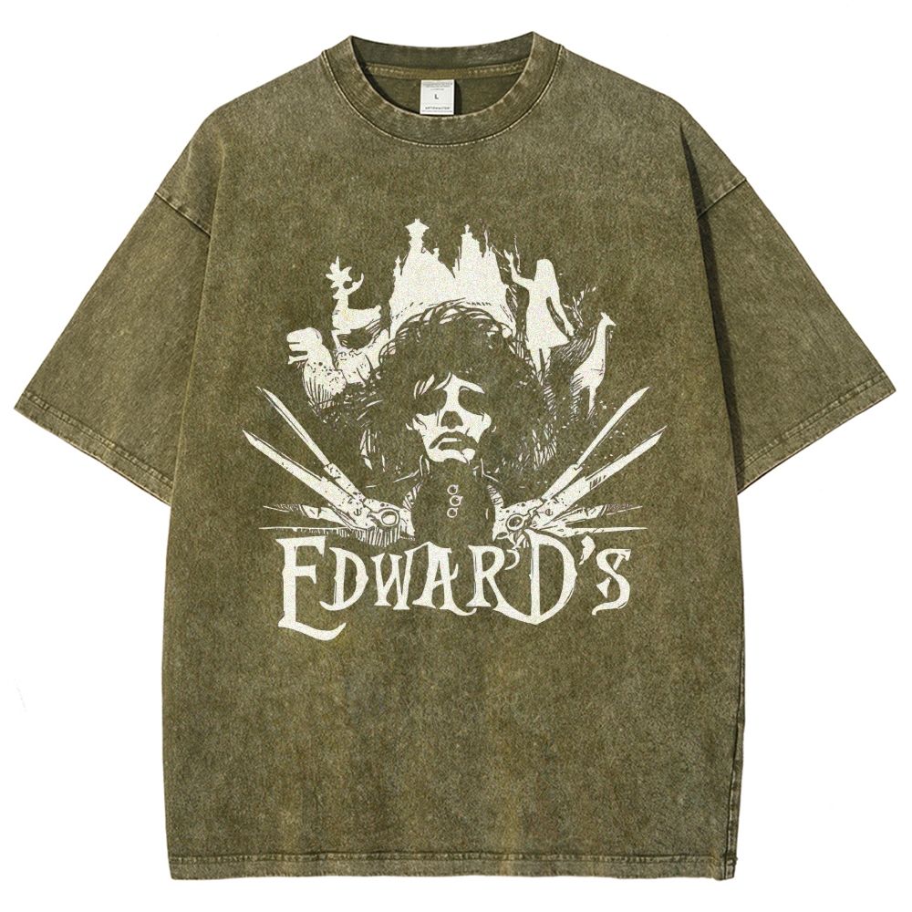 Dark Fantasy Scissor‑Hand Figure Castle Silhouette Washed T-Shirt