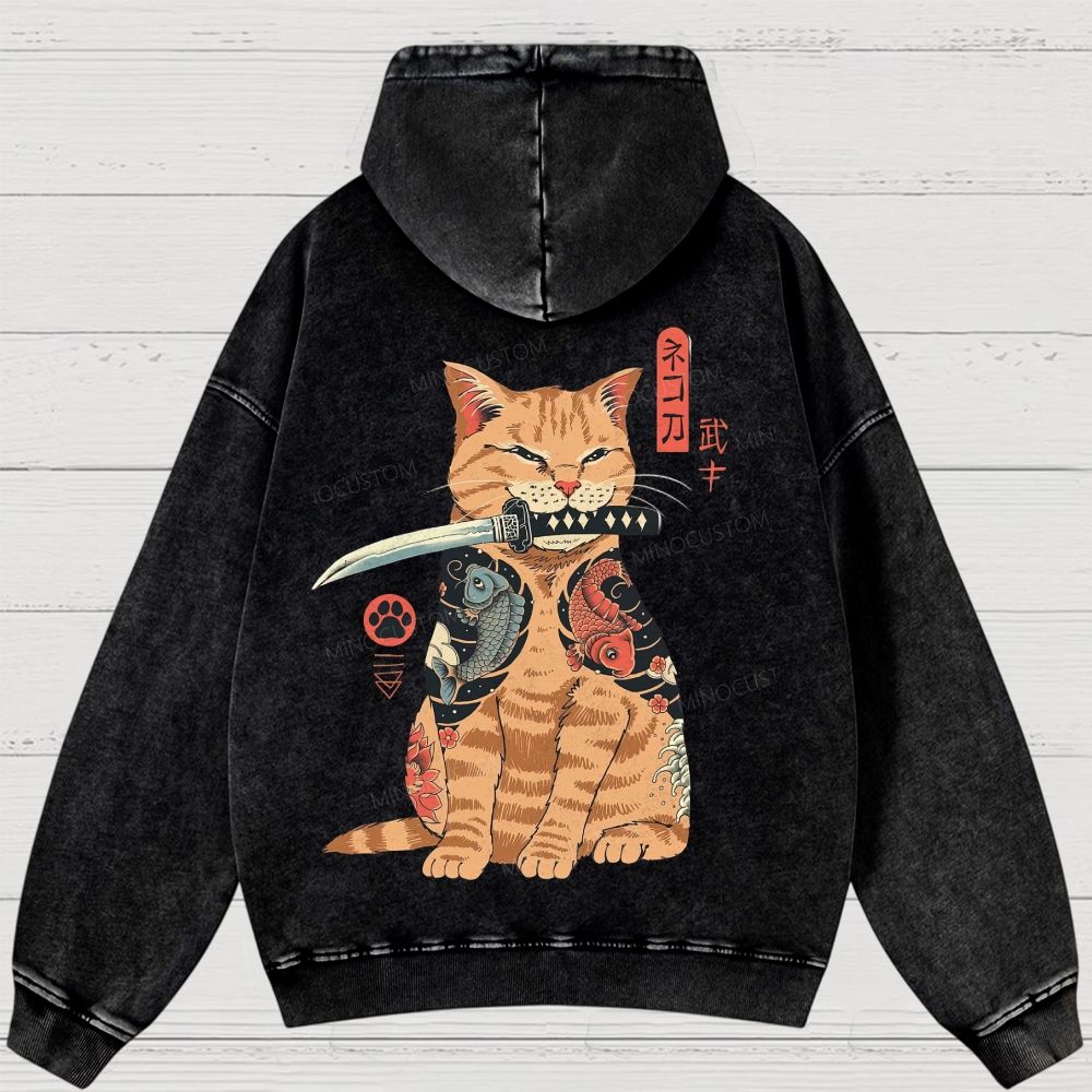Tattooed Warrior Cat Washed Hoodies 