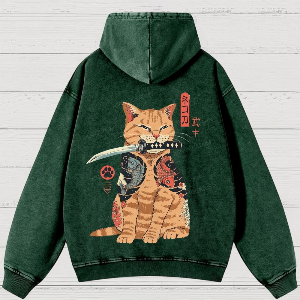 Tattooed Warrior Cat Washed Hoodies 