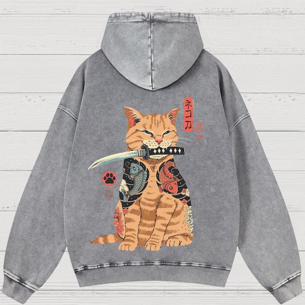 Tattooed Warrior Cat Washed Hoodies 