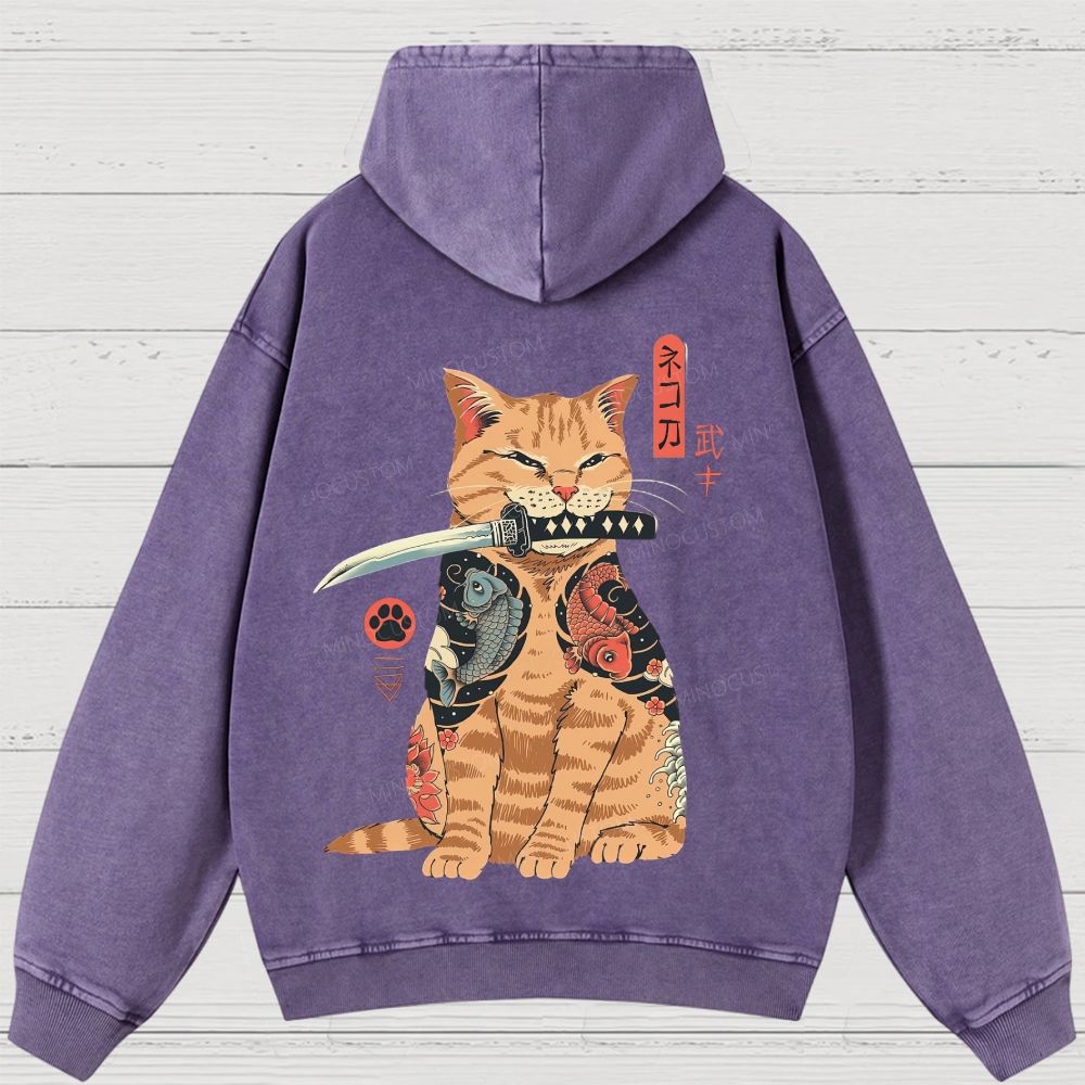 Tattooed Warrior Cat Washed Hoodies 