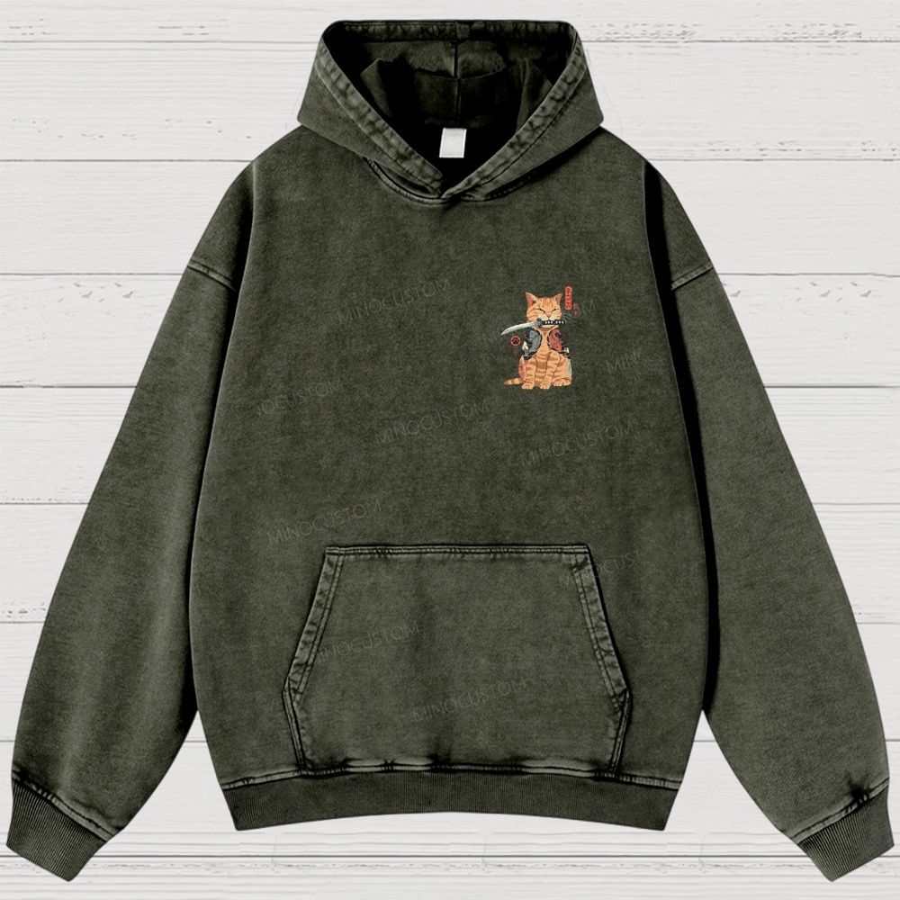 Tattooed Warrior Cat Washed Hoodies 