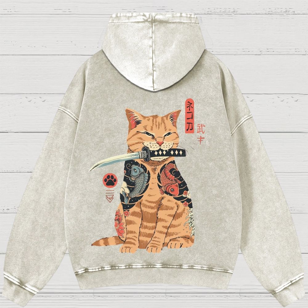 Tattooed Warrior Cat Washed Hoodies 