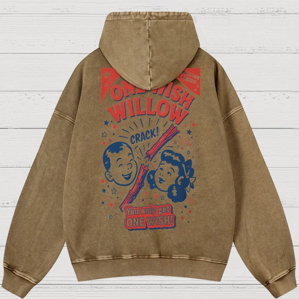 Vintage Retro Cartoon Kids Wish Stick Graphic Washed Hoodies 
