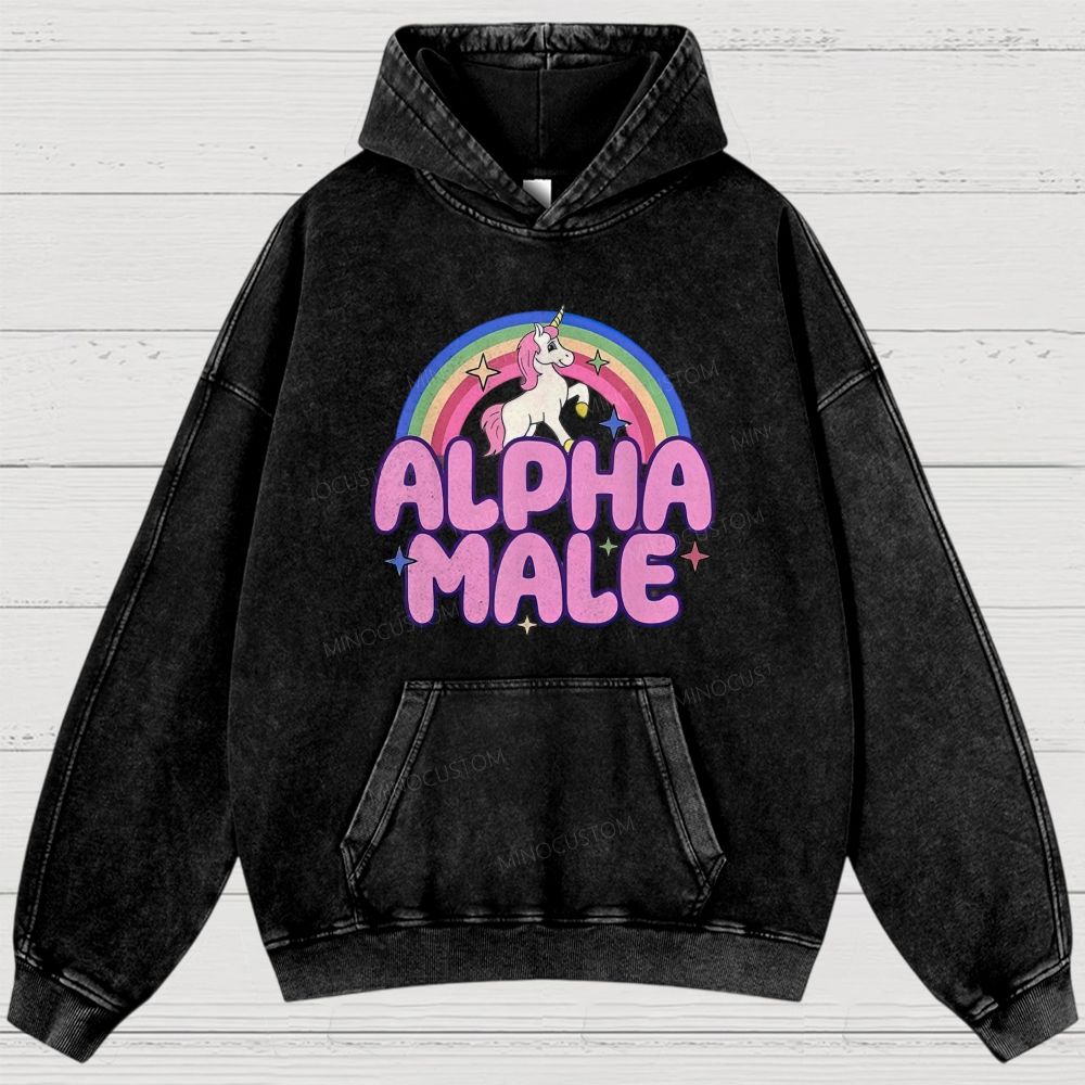Rainbow Unicorn Alpha Male Y2K Washed Hoodies