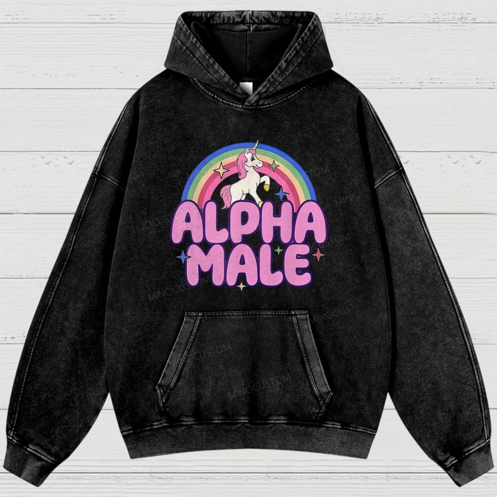Rainbow Unicorn Alpha Male Y2K Washed Hoodies