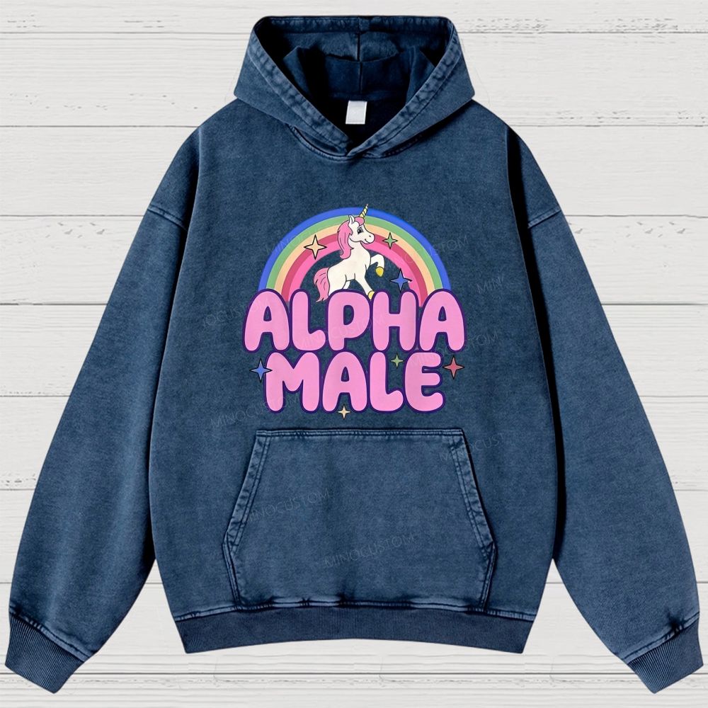 Rainbow Unicorn Alpha Male Y2K Washed Hoodies