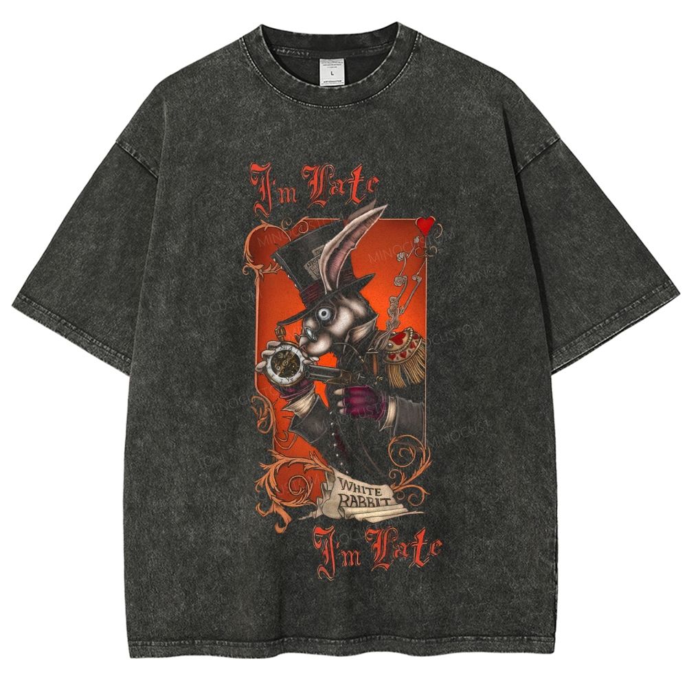 Dark Gothic White Rabbit Vintage Graphic  Washed T-Shirt