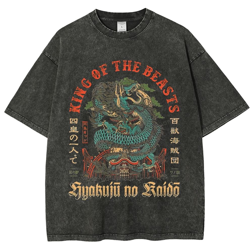 Vintage Japanese Dragon Ukiyo‑e Graphic Washed T-Shirt