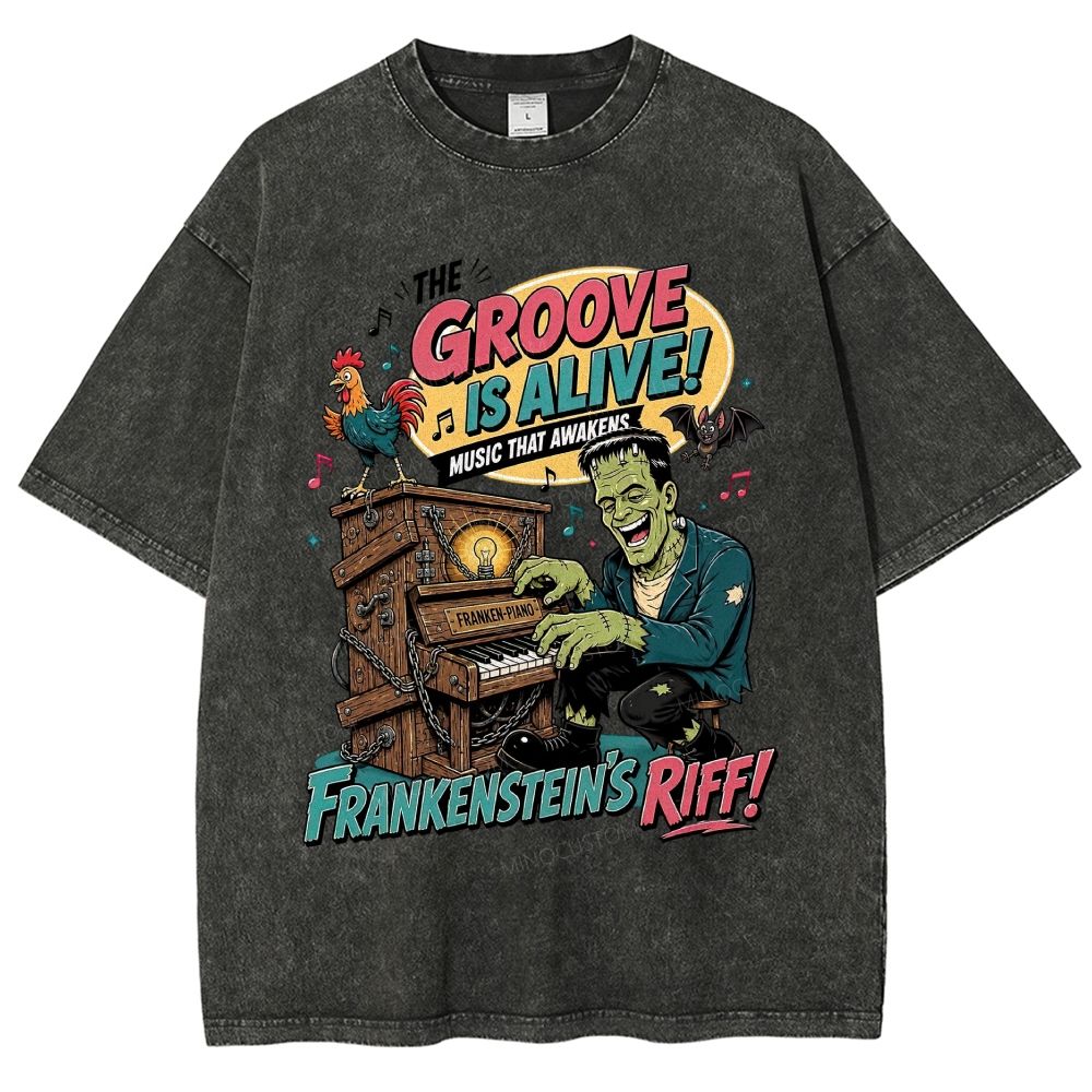 Vintage Cartoon Monster Playing Piano Graphic Washed T-Shirt