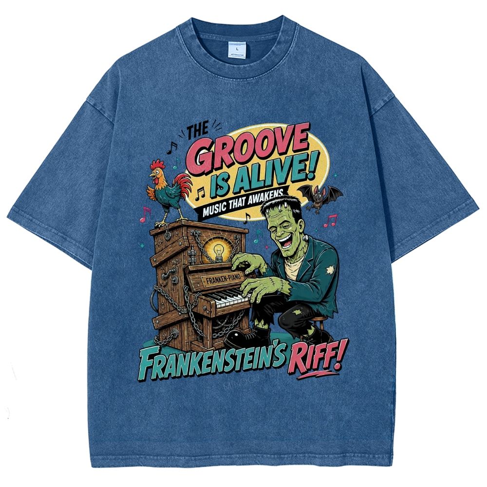 Vintage Cartoon Monster Playing Piano Graphic Washed T-Shirt