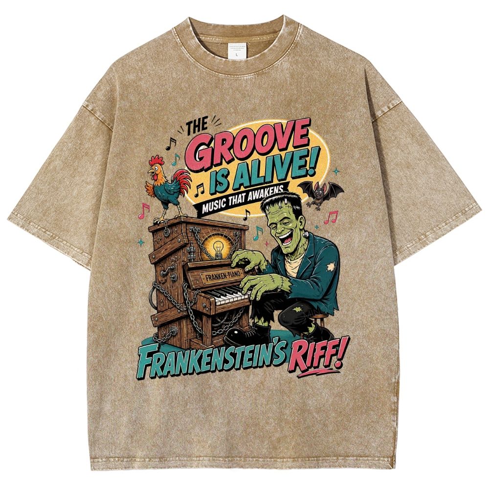 Vintage Cartoon Monster Playing Piano Graphic Washed T-Shirt