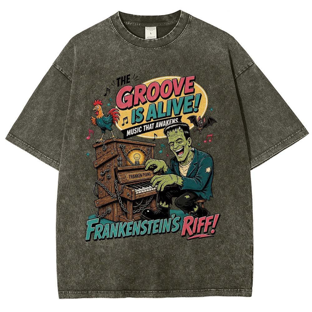 Vintage Cartoon Monster Playing Piano Graphic Washed T-Shirt