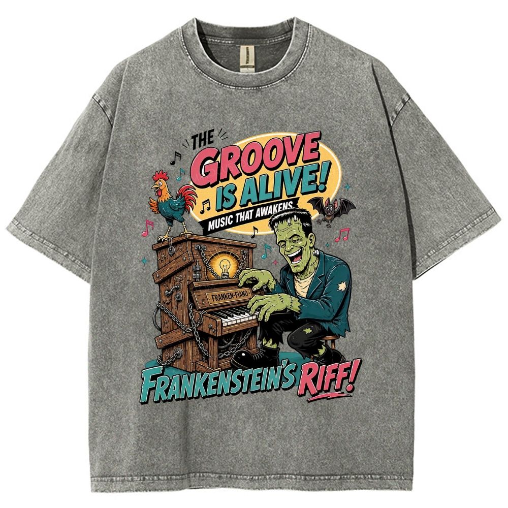 Vintage Cartoon Monster Playing Piano Graphic Washed T-Shirt