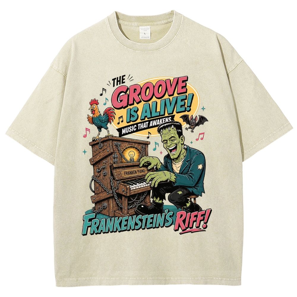 Vintage Cartoon Monster Playing Piano Graphic Washed T-Shirt