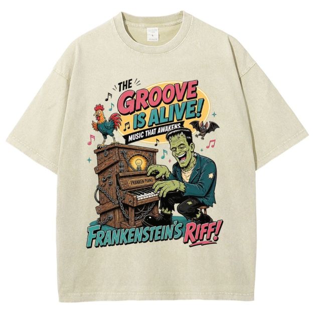 Vintage Cartoon Monster Playing Piano Graphic Washed T-Shirt