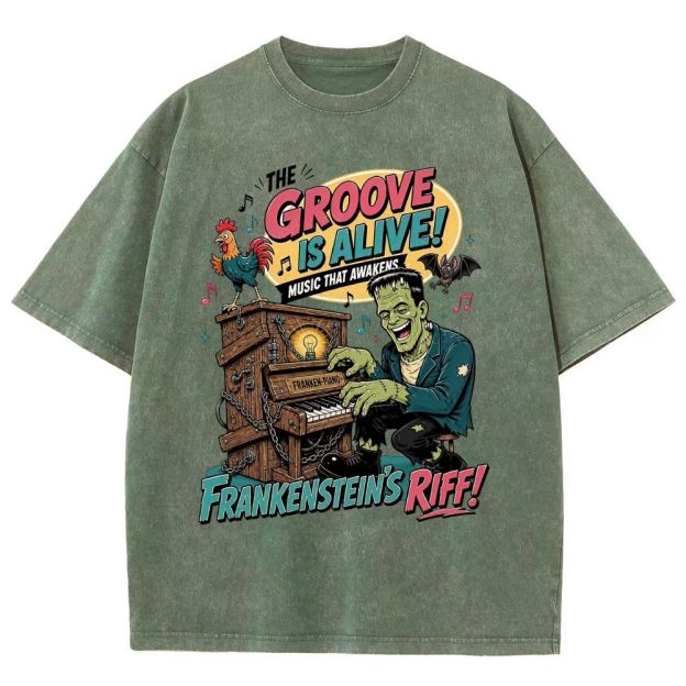 Vintage Cartoon Monster Playing Piano Graphic Washed T-Shirt
