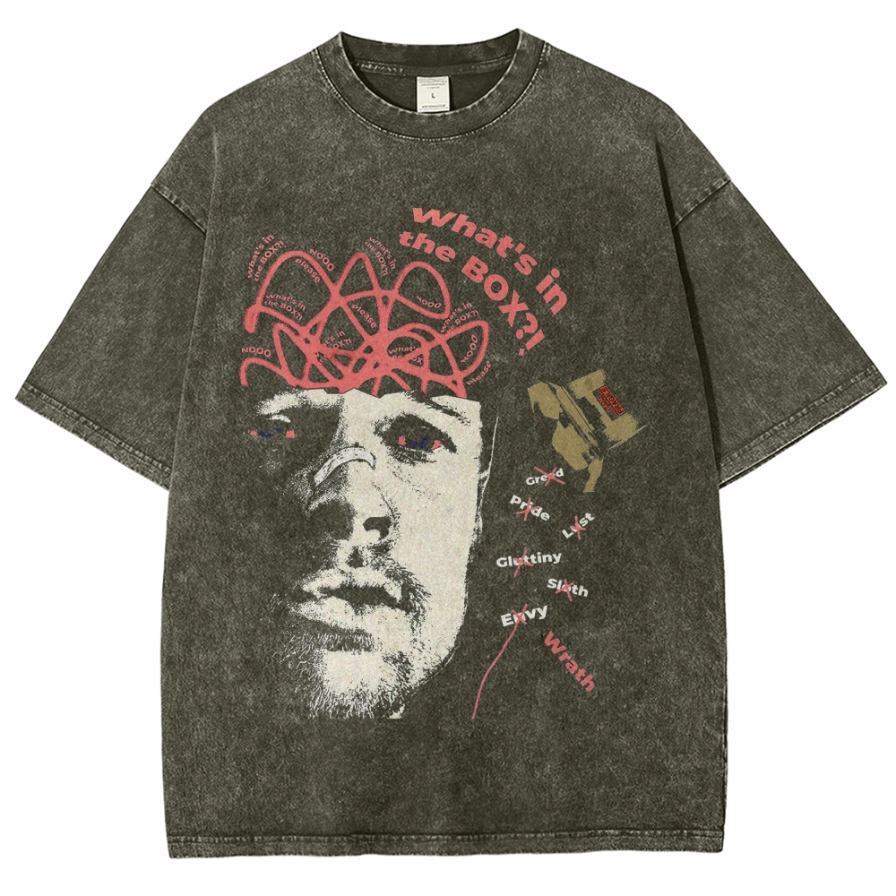 "What's In The Box"  Sins Horror Quote Washed T-Shirt 