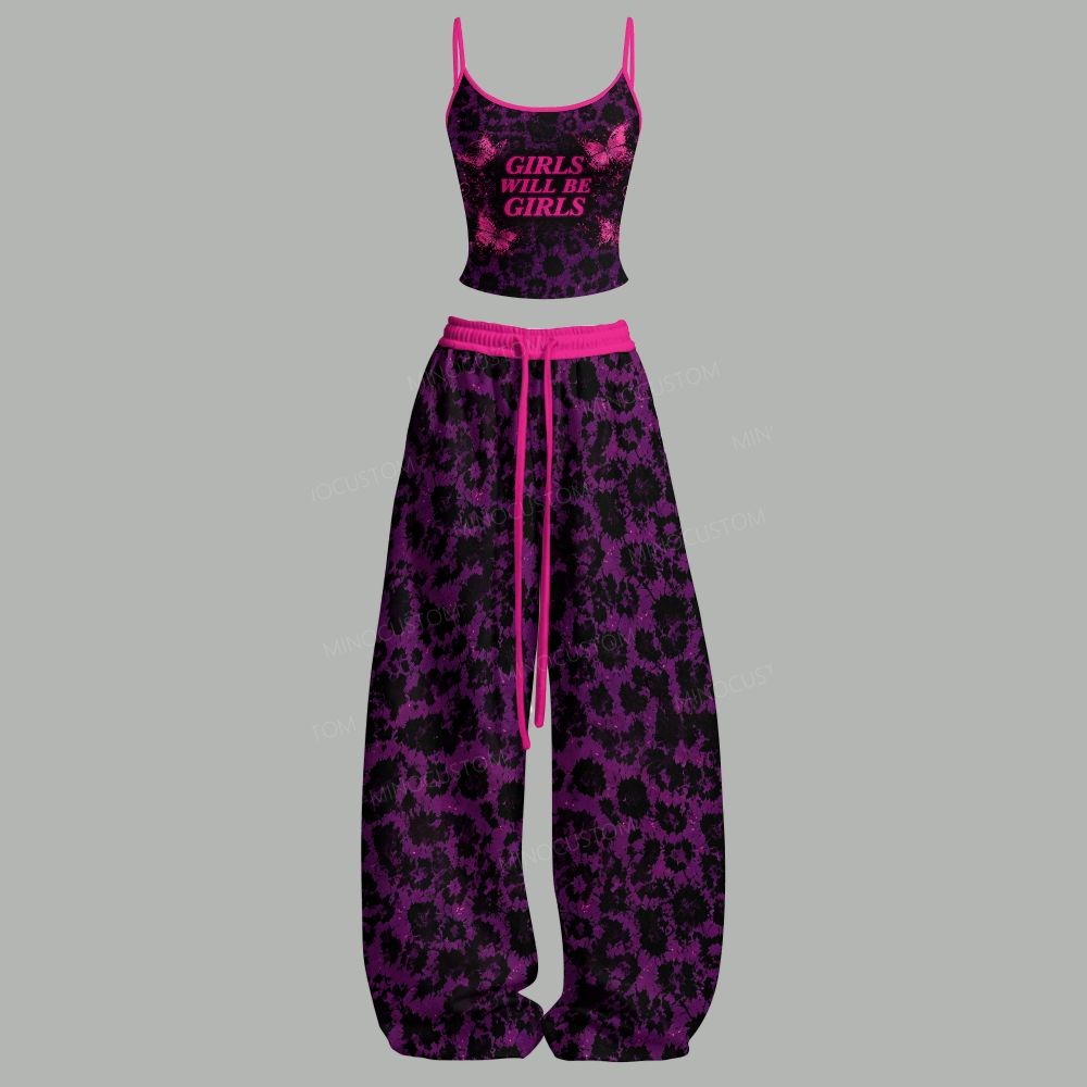 Girls Will Be Girls Y2k Print Top & Elasticated Trousers Two-Piece Set