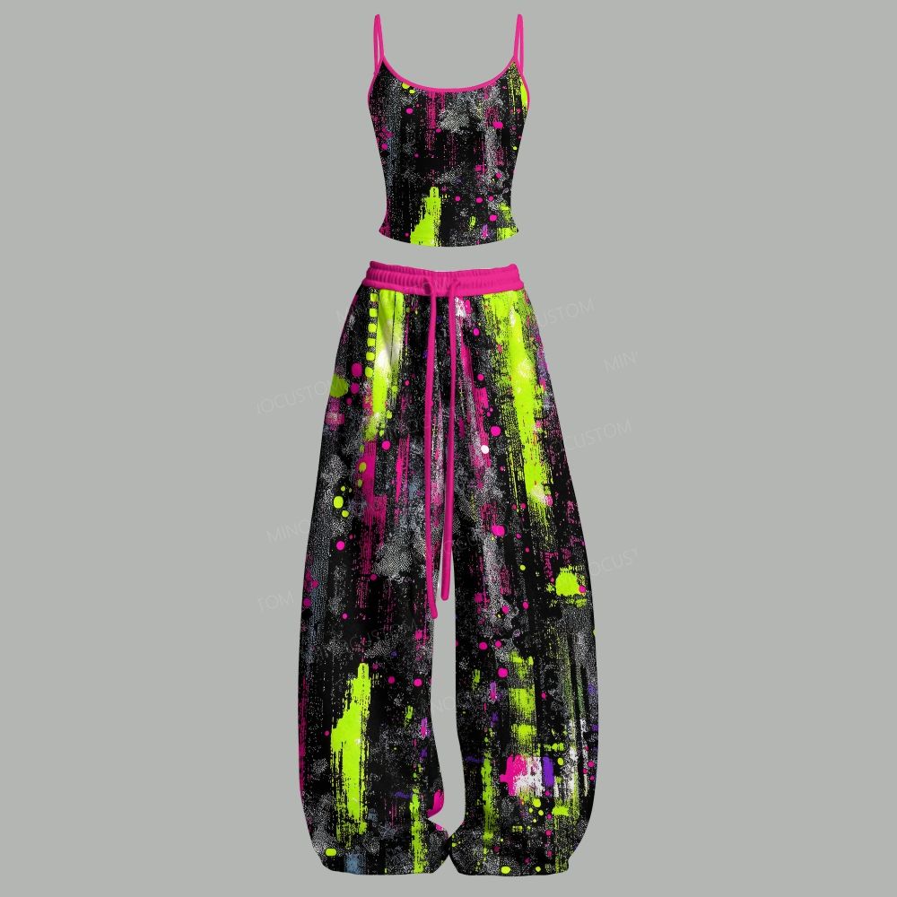 Neon Splash Paint Graphic Cami Top & Elasticated Trousers Two-Piece Set