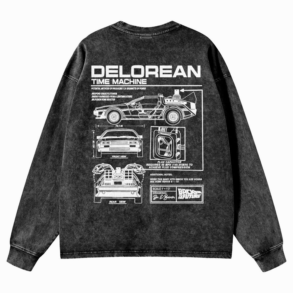 Retro Future DeLorean Time Machine Vintage Casual Washed Long-Sleeved 