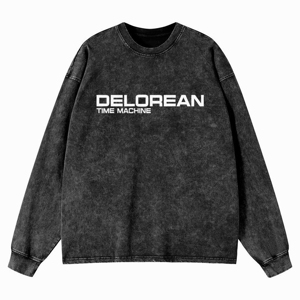 Retro Future DeLorean Time Machine Vintage Casual Washed Long-Sleeved 