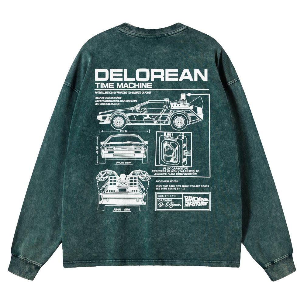 Retro Future DeLorean Time Machine Vintage Casual Washed Long-Sleeved 