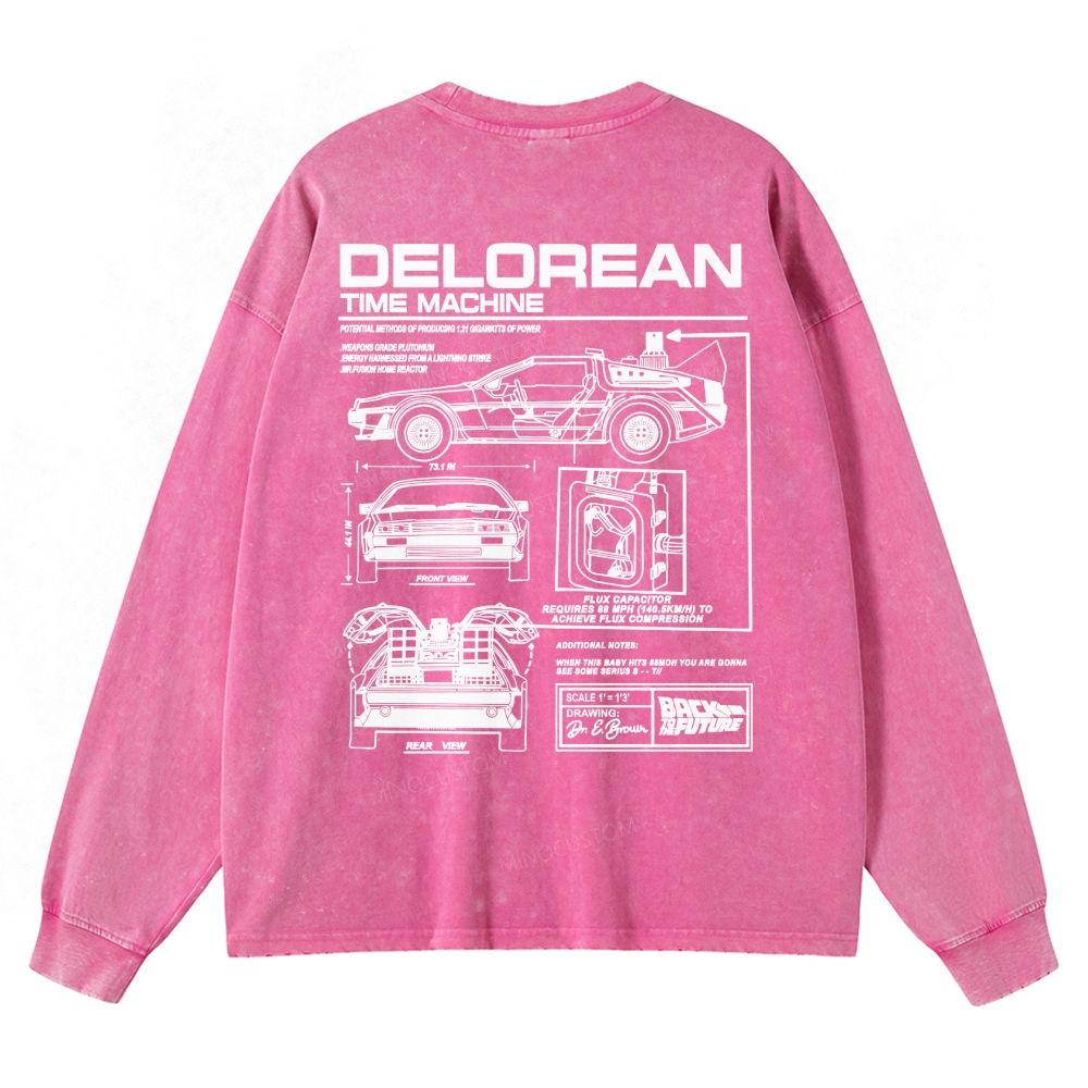 Retro Future DeLorean Time Machine Vintage Casual Washed Long-Sleeved 