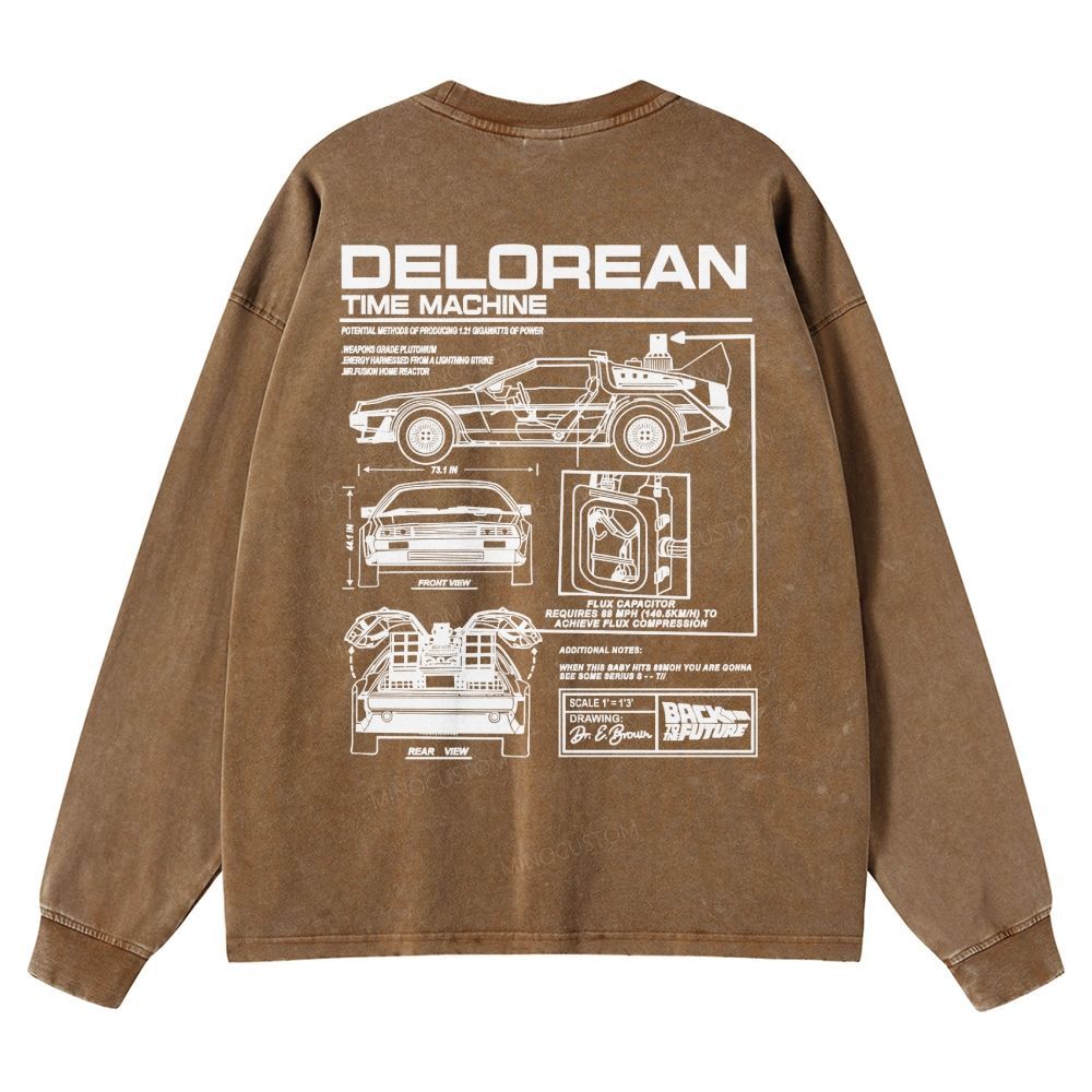 Retro Future DeLorean Time Machine Vintage Casual Washed Long-Sleeved 