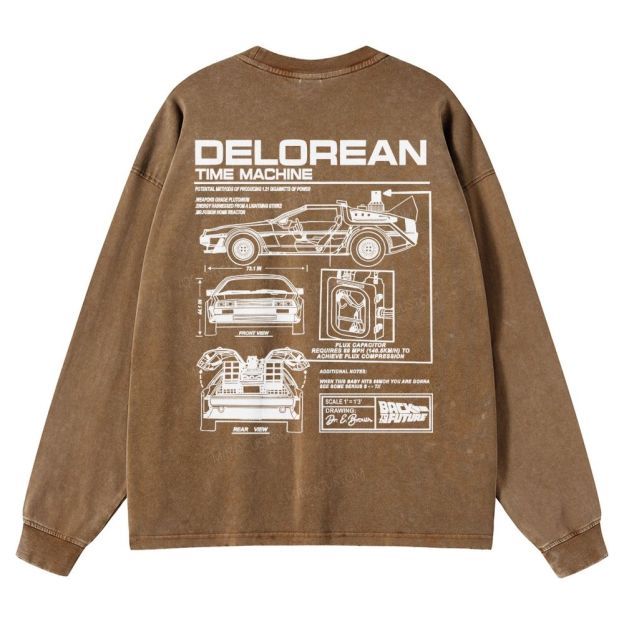 Retro Future DeLorean Time Machine Vintage Casual Washed Long-Sleeved 