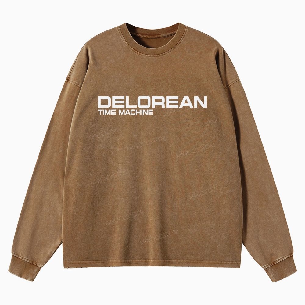 Retro Future DeLorean Time Machine Vintage Casual Washed Long-Sleeved 